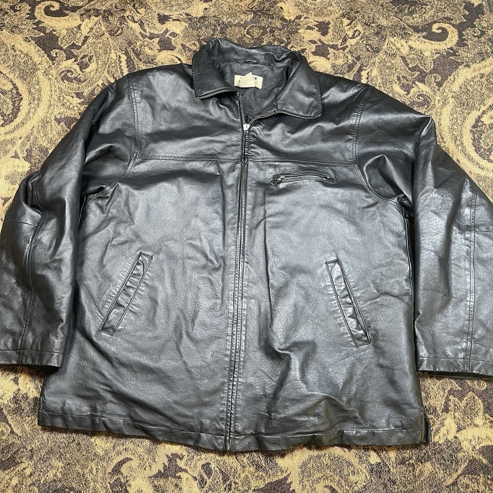Vtg Duke Haband Black Leather Jacket Men's Large Quilt Lined
